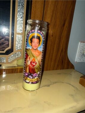 Harry Styles Decorative Prayer Candle with Portrait and Floral Accents